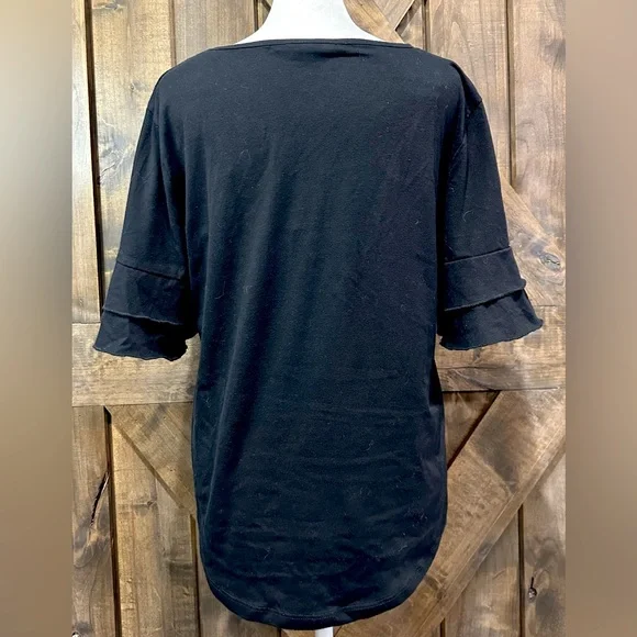 EUC Amaryllis Black Ruffle Sleeve Floral Embroidered Top Sz L - Picture 12 of 16